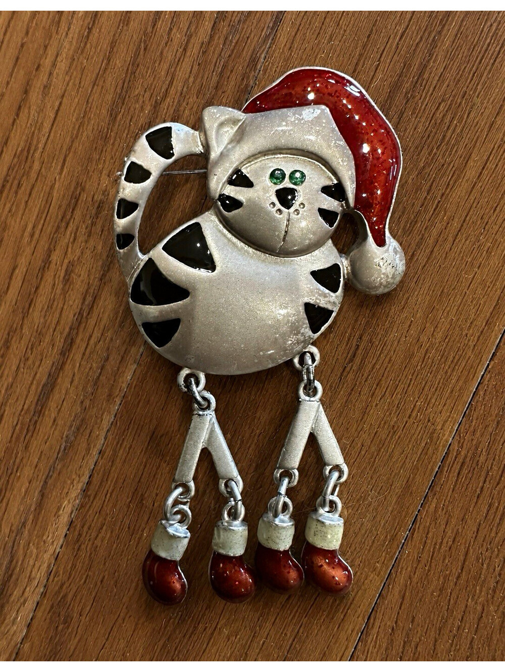 Silver-Tone Enamel Cat Santa Hat Dangle Brooch Pin, Christmas
